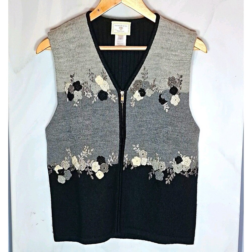 Vintage 1998 Floral Hand Embroidered Wool Zip Sweater Vest M Grandmacore Cottage